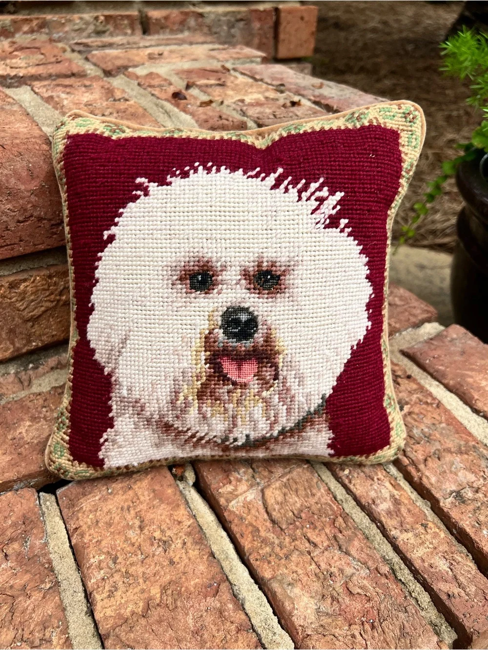 Vintage Handmade Wool Needlepoint Bichon Pillow 10